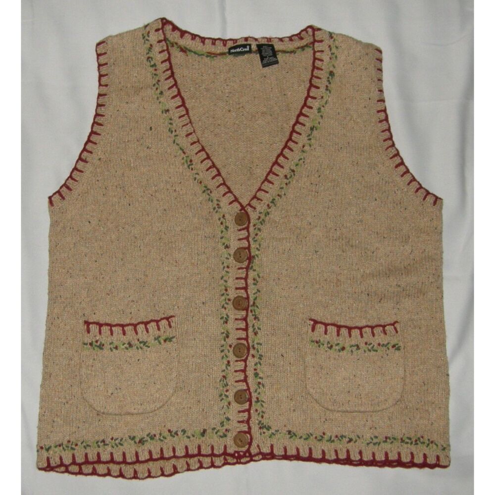 NORTHCREST Stretchy Sz Large (14-16) Wool Blend Button Up Sweater Vest Pockets